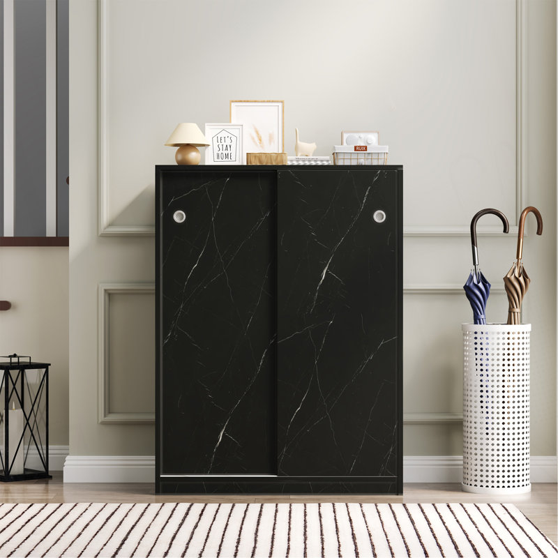 Marble Black  Shoe Cabient With Sliding Door Have 6 Layers Can Storage At Least30 Pairs Shoes, Black