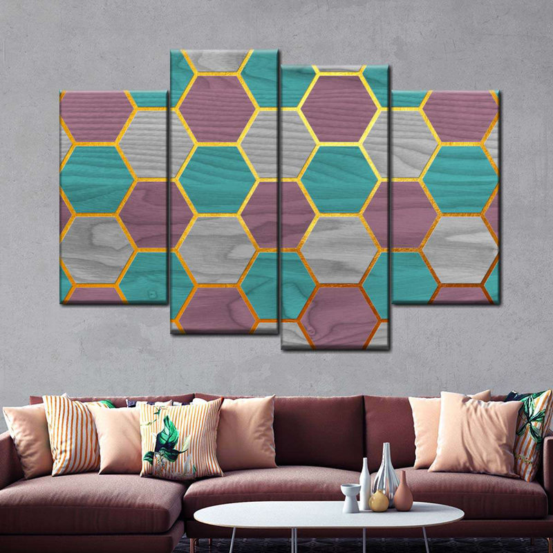 Motif hexagonal abstrait géométrique sur toile, 4 pièces, H 14 po x l 24 po x P 1 po
