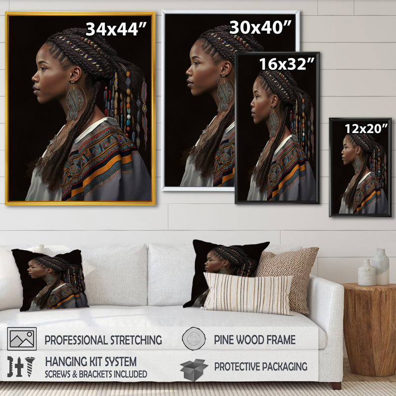 Femme afro-américaine, vêtements traditionnels V sur toile, H 20 po x l 12 po x P 1 po, Cadre flottant doré