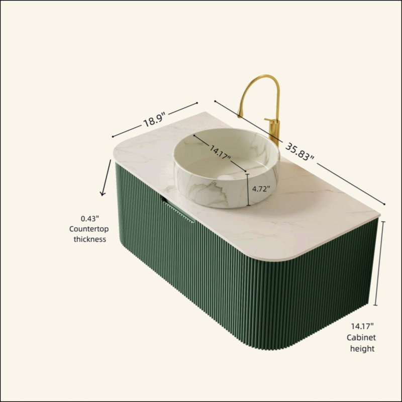 Meuble-lavabo de salle de bain, armoire de salle de bain en contreplaqué rayé à bords arrondis avec tiroir, vasque en céramique mate et plateau en pierre frittée, pré-assemblé