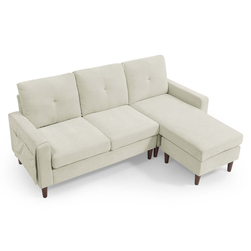 Convertible Sectional Sofa Couch, 3 Seats L-Shape Sofa With Removable Cushions And Pocket, Beige Chenille
