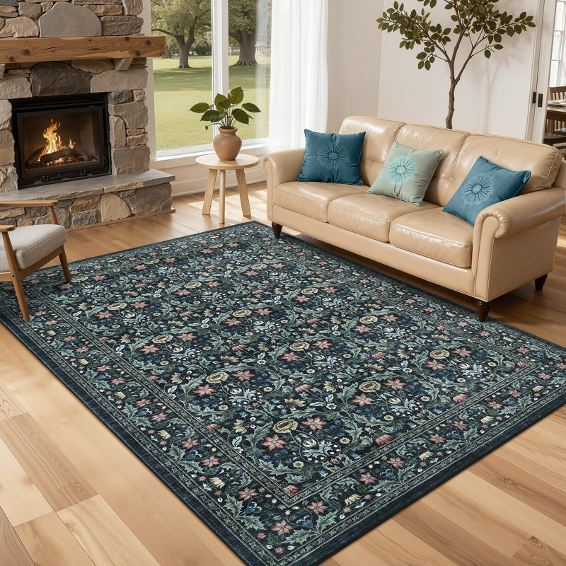 Floral Washable Living Room Rug Non Slip, Low Pile Foldable Printed Mat, Soft Non Shedding Floor Covering, Rectangle 8' x 10'