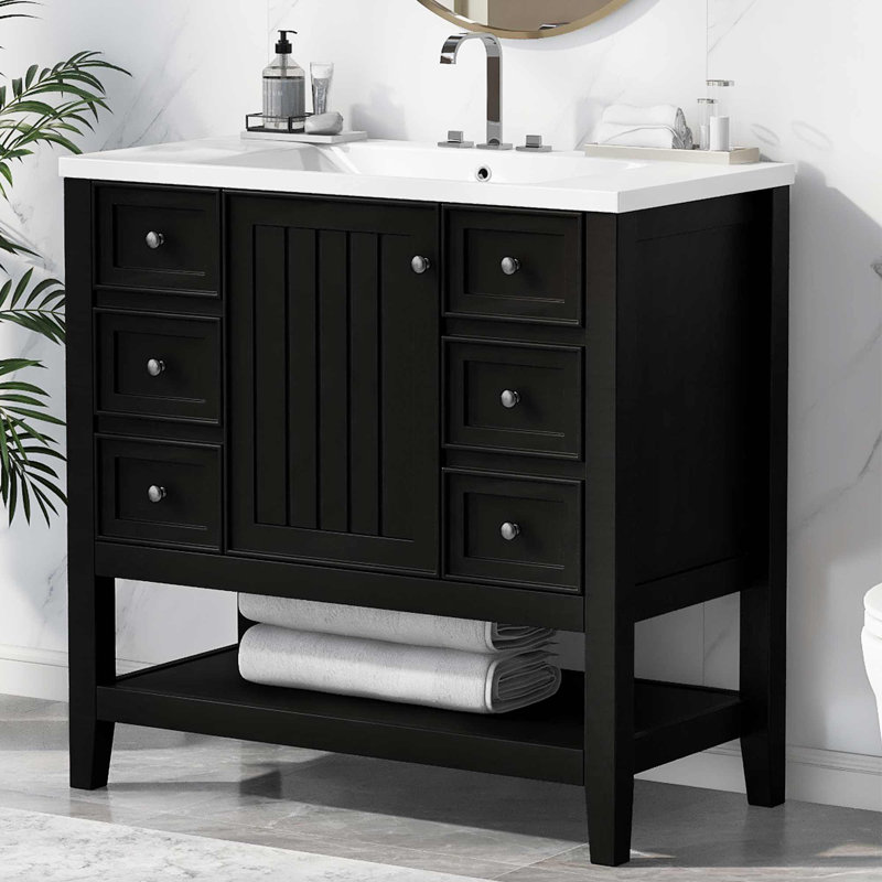 Meuble-lavabo simple 36 po avec plateau Leiding, Noir, noir, noir, noir
