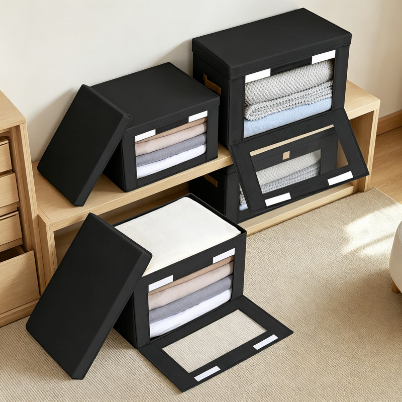 Collapsible Storage Bins with Front Opening & Clear Window - Large Stackable Fabric Organizer Boxes with Handles for Closet, Living Room, and Dorm Organization
