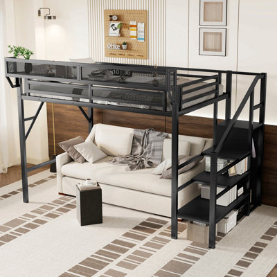 Lit mezzanine simple TG avec escalier, lit mezzanine double en métal avec tablettes de rangement, lit mezzanine haut avec garde-robe pour les enfants adolescents