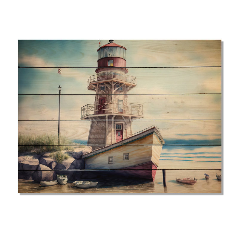 Bateau de pêche et phare IV - impression sur bois sans cadre, H 24 po x l 32 po x P 1 po