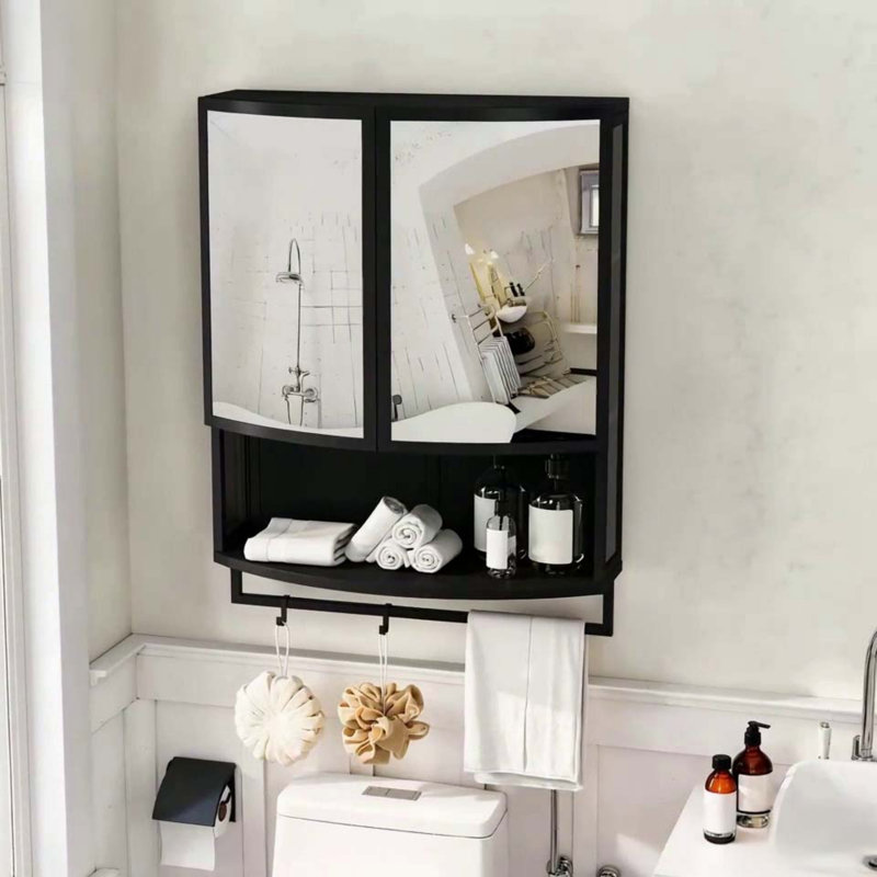 Garde-robe arquée 23,62 "à double porte avec miroir incassable - rangement double couche, Noir