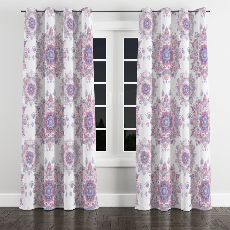 Boho Curtain panels - Paisley Soft Purple Mandala Grommet Curtain - 1 Panel, 52" W x 90" L, Silver Grommets