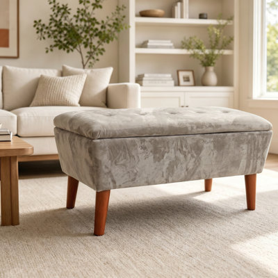 42" Rectangular Linen Ottoman Bench, Modern Low Footrest Stool with Solid Wood Tapered Legs, Multi-Use Entryway Shoe Bench & End of Bed Bench for Livi