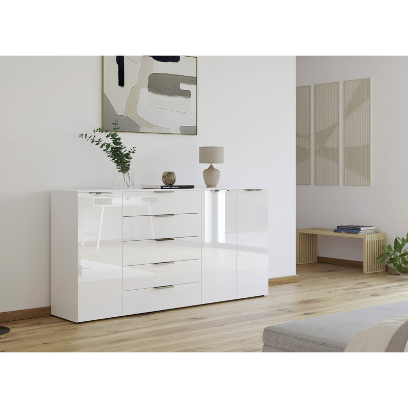 5 - Drawer Chest of Drawers, Alpine White/White Glass/Chrome