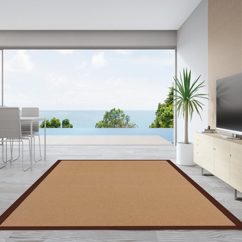 Nannette Handmade Dark Beige Berber with Brown Cotton Border Made in the USA Area Rug, Rectangle 9'10" x 13'