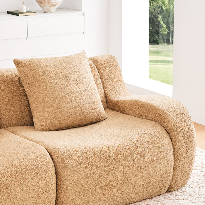 Canapé d'angle en forme de L, tissu camel sans os, accoudoirs incurvés, design épuré, mousse haute densité ergonomique 32D, aucun assemblage requis, base antidérapante