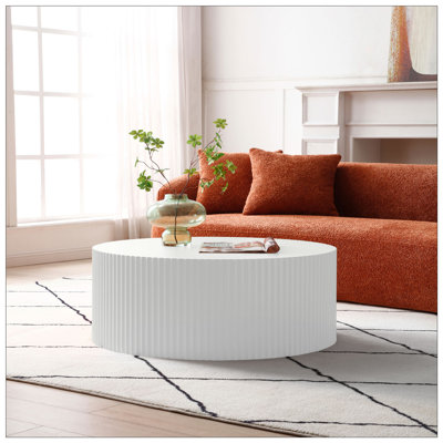 Contemporary Round Coffee Table - Handcrafted Relief - φ35.43inch - White