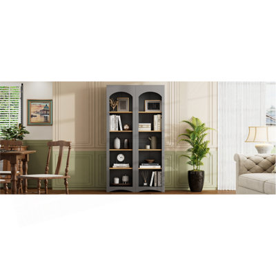 Free Standing 5 Tier Bookshelves, Bookcases Set Of 2, Farmhouse Two-Tone Storage Cabinet With Adjustable Shelves, Modern 72"H Kitchen Pantry Cabinet For Living Room, Home Office