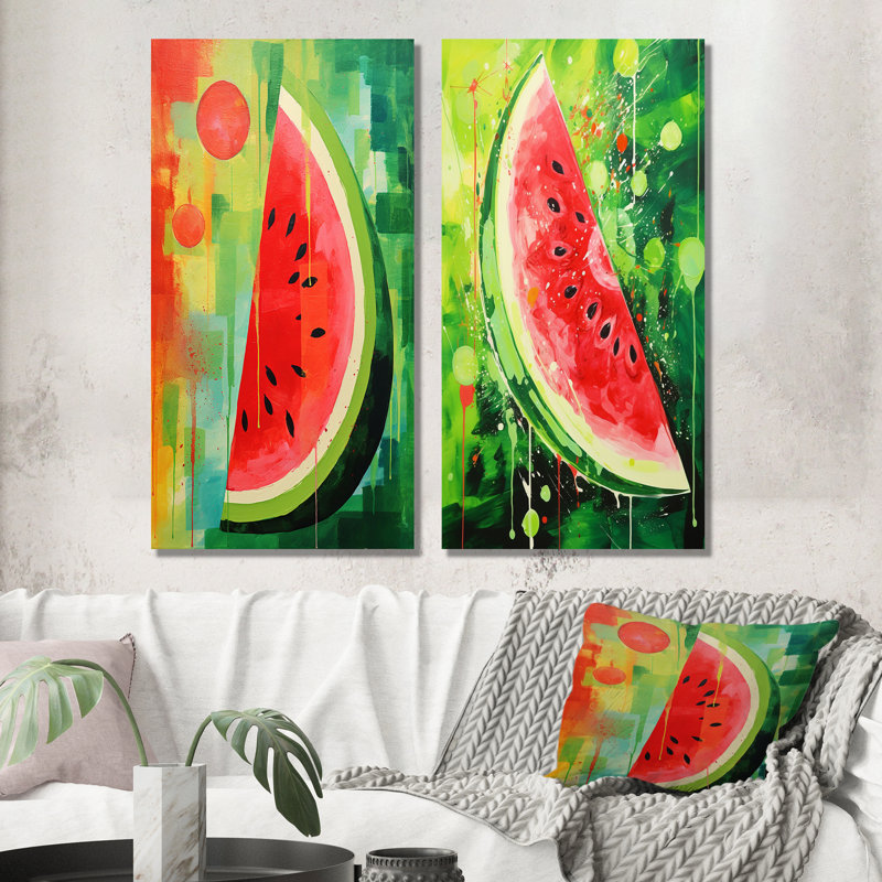 Ensemble de salon mural vert avec pastèque verte - fruits, H 28 po x l 25 po, Toile tendue