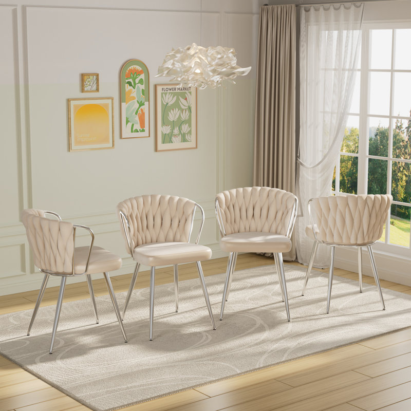 Byers Velvet Dining Chairs Set of 4, Woven Upholstered Side Chairs with Metal Legs, Modern Accent Leisure Chairs Kitchen & Dining Room Chairs for Bedroom Living Room