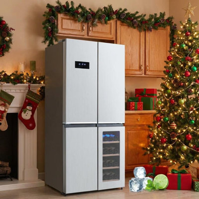 21 Cu. Ft French Door Counter Depth Stainless Steel Refrigerators with 4 Doors, Bottom Freezer, Interior Led Light, and Wine Cooler – Perfect for Kitchen, Office