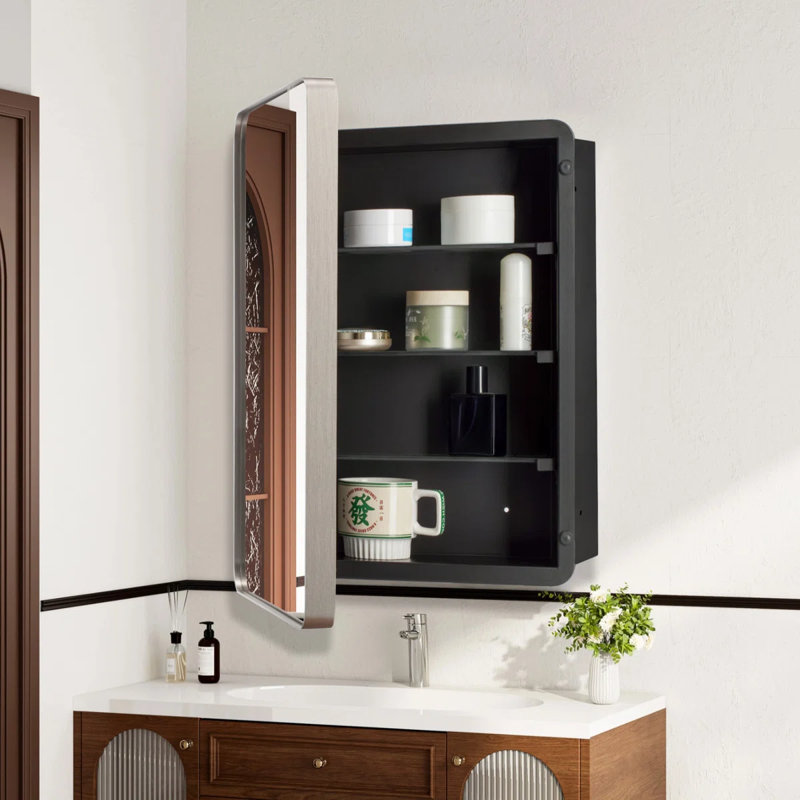Armoire à pharmacie encastrée et à surface 20 po x 26 po avec porte miroir et armoire de rangement imperméable, Nickel brossé