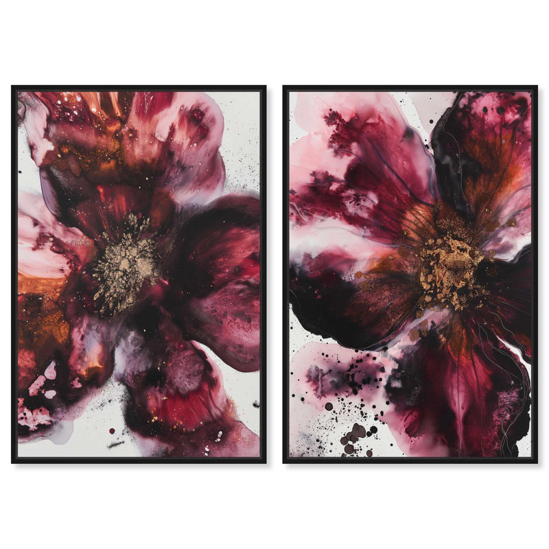 Oliver Gal Gleaming Rose Set Floral Abstract - Garnet Glitter & Leaf Framed Canvas Art, 37" H x 25" W, Black