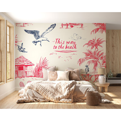 Murale plage | Papier peint Coastal Art d'un palmier tropical et d'une mouette | Décoration murale «This Way To The Beach»