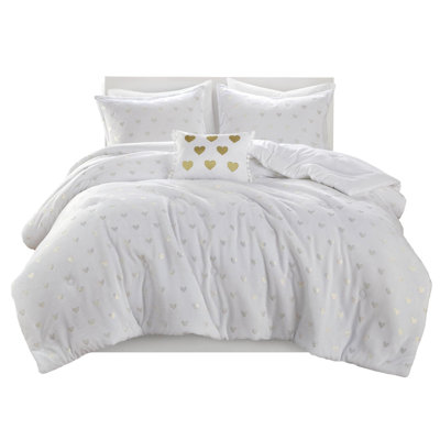 4 Pcs /Queen  Soft Comforter With Metallic Print, 2 Shams, Throw Pillow, Fill, - Heart , Comes In Compressed Packaging