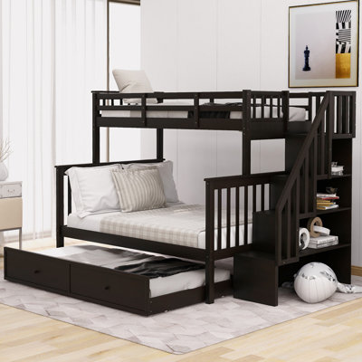 Lit superposé avec lit gigogne, rangement et barrière de sécurité pour chambre à coucher, dortoir, pour adultes