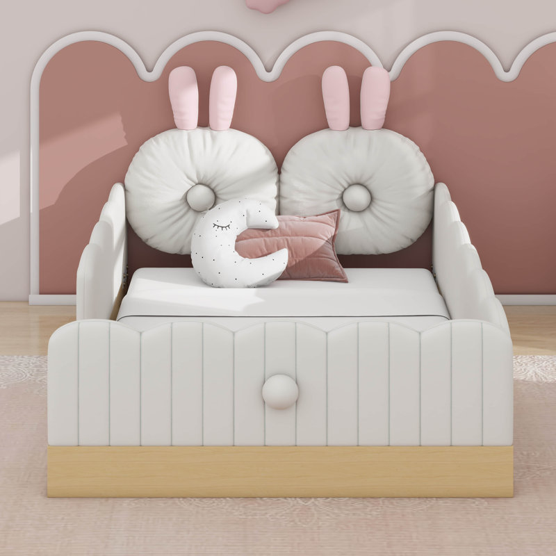 Mignon lit plateforme tapissier simple avec coussins et sacs de rangement, Beige