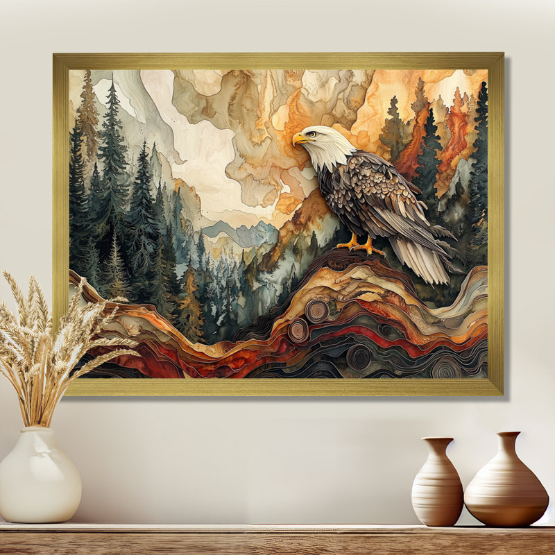 Gianelly Eagle In A Large Forest Landscape - Eagle Wall Art, Single Picture Framed Print, 30" H x 40" W, Gold