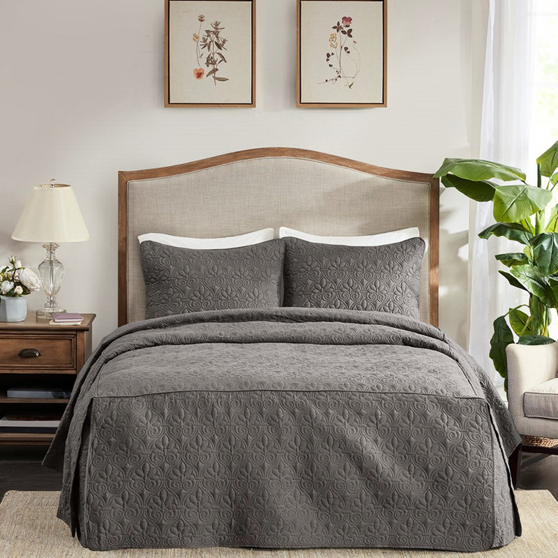 3 Piece Bedspread Dark Grey King - Split Corner Pleated, 100% Fill, Microfiber, , Charming Bedroom Accent Pleated Design, Soft Box Sewing, Easy To Clean
