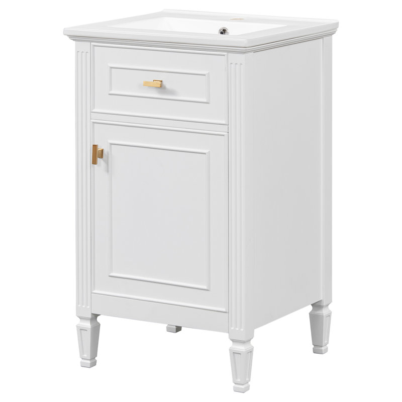 Meuble-lavabo de 20 po avec lavabo, pieds en bois massif, tablette réglable, tiroir inclinable, Blanc