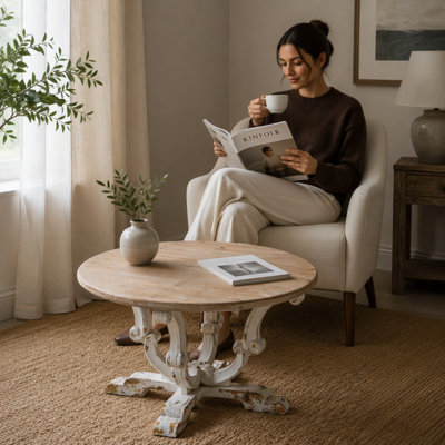 Table basse ronde en bois de 80 x 80 x 47 cm (31,5 x 31,5 x 18,5 pouces) avec finition blanche vieillie et pieds finement travaillés en volutes, idéale pour une décoration de style campagnard ou traditionnel.