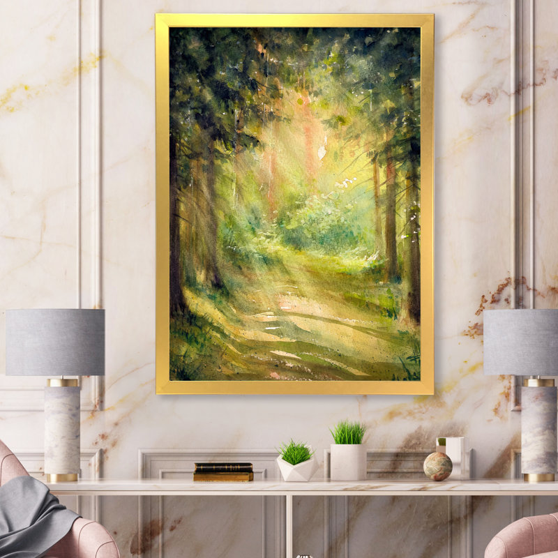 Le soleil brille à travers les arbres de la forêt - peinture sur toile, H 44 po x l 34 po, Cadre doré