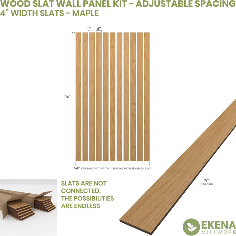 Adjustable Wood Slat Wall Panel Kit, 3"W x 47"H x 0.375"T, Maple