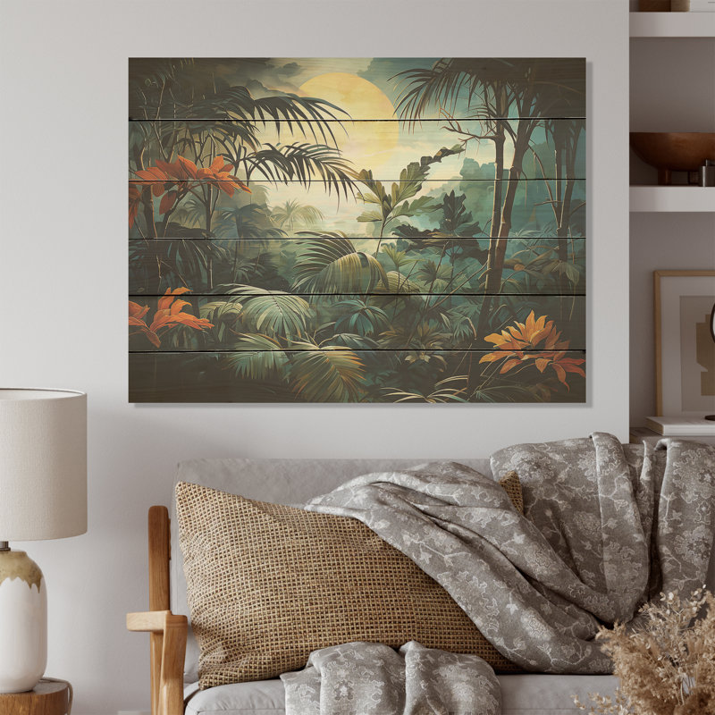Fantasy Jungle Plants Under Moonlight - Plants Wood Art On Natural Pine Wood, 10" H x 20" W