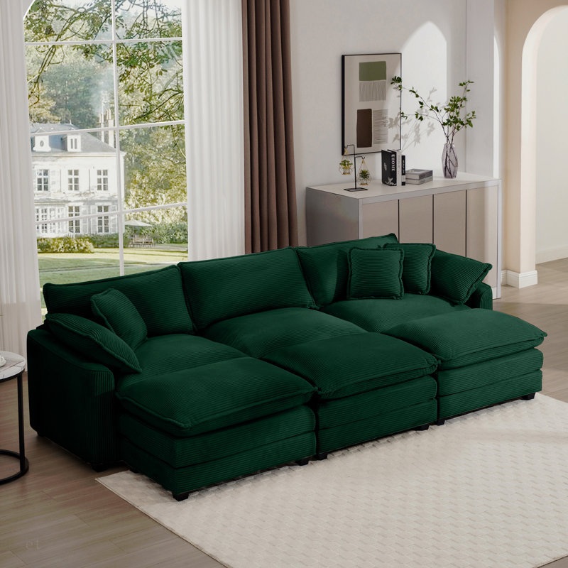 Ensemble de canapé surdimensionné à coussins modulaires, repose-pieds portatif, ensemble de canapé d'angle à dossier bas en L à assise profonde pour ensemble de salon, Velours côtelé vert
