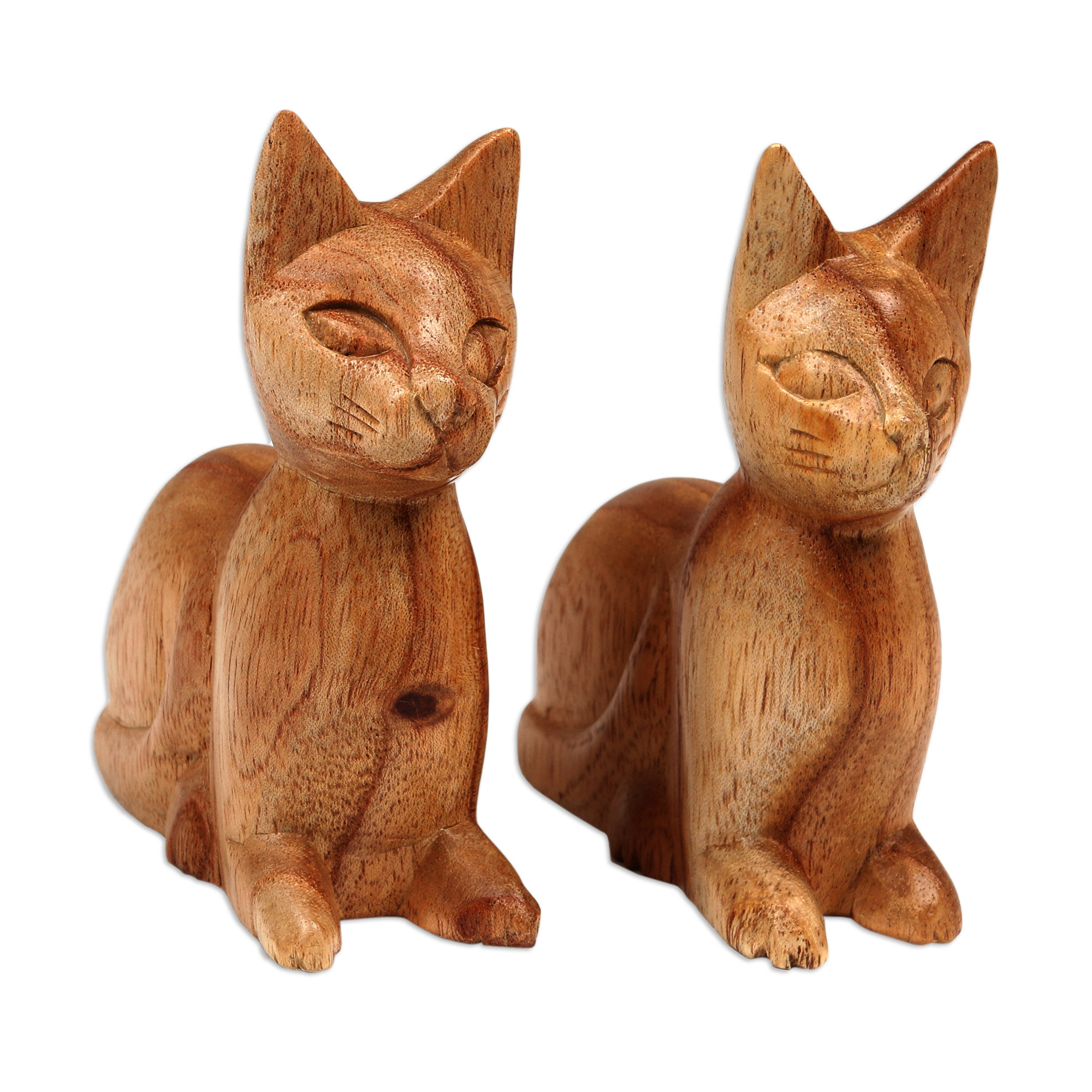 Brown Cat Sculpture Hand-Carved from Jempinis Wood in Bali