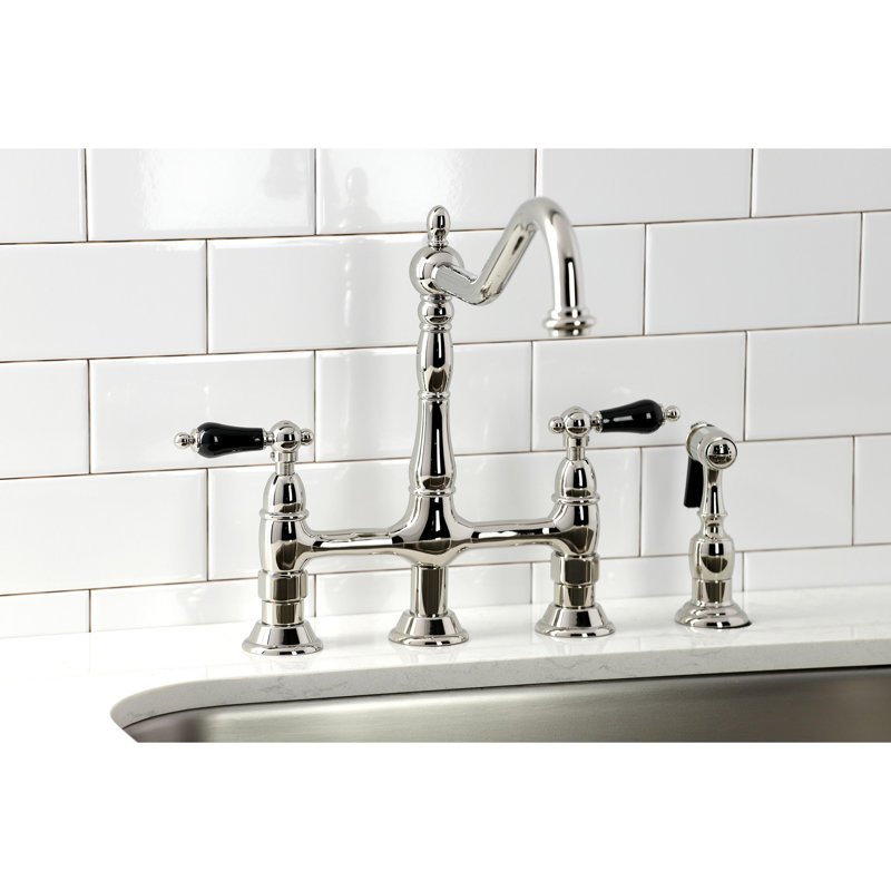 Kingston Brass Duchess Two-Handle 4-Hole Deck Mount Bridge Kitchen Faucet with Brass Side Sprayer, Polished Nickel