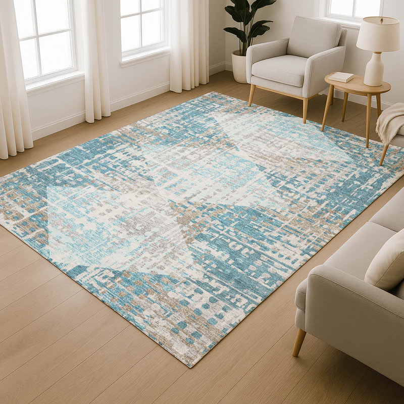Premium Machine Washable Mayfield AMF2116 Geometric Rug, Teal, 2'6" x 3'10"