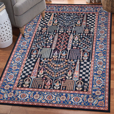 Emanuel Traditional Machine Woven Flatweave Navy and Blue Area Rug with Non Skid Backing 