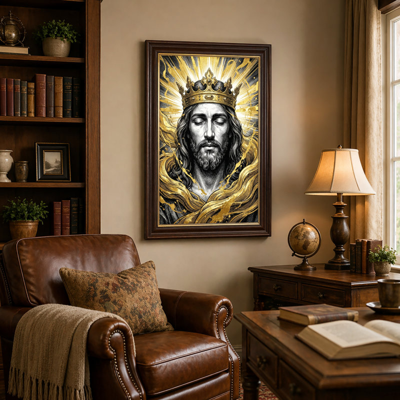 Art mural antique sur toile encadré doré pour le salon, la chambre à coucher, le bureau ou le vestibule - Décoration murale décorative avec couronne dorée