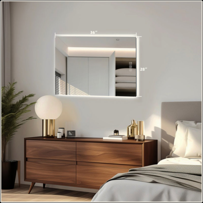 Miroir de salle de bain à DEL avec rétroéclairage lumineux, désembuage 5 minutes, miroir de meuble-lavabo mural pleine HD réfléchi, 3 couleurs à intensité variable, CRI90 +, fonction mémoire, anti-buée