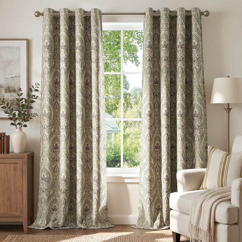 Vintage Damask Curtains Elegant Medallion Patterned Room Darkening Curtains for Bedroom Green on Greige, 50" W x 95" L, Green