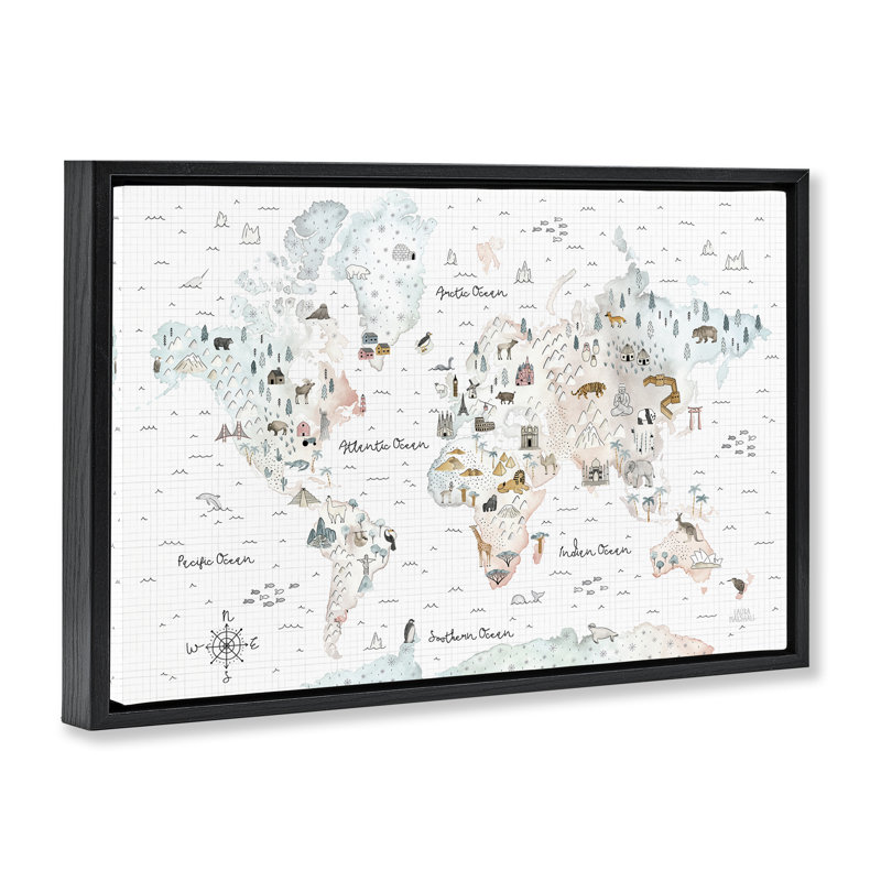  «Whimsical World Traveller Map» par Laura Marshall, H 17 po x l 25 po, Cadre flottant noir de jais