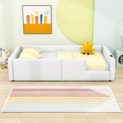 Twin Upholstered Platform Bed with Guardrails and Charging Station