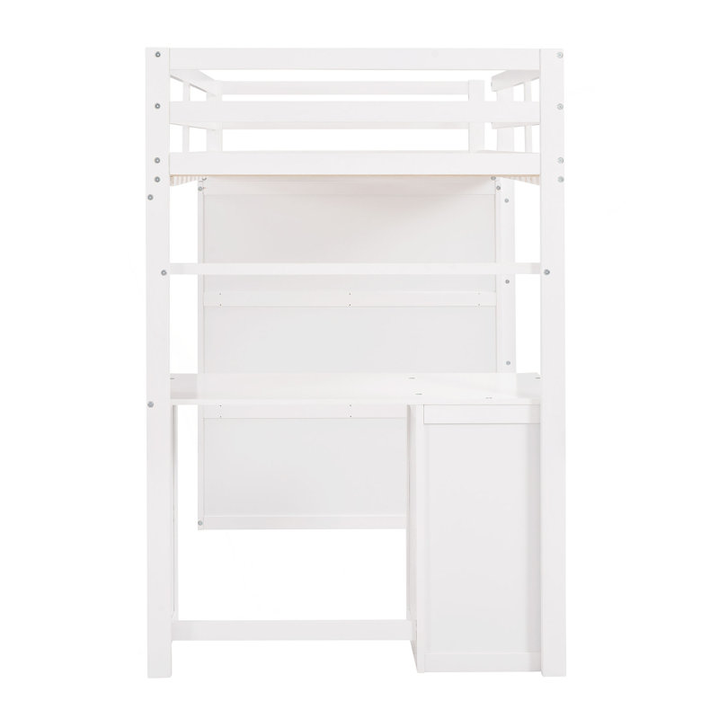 Lit mezzanine avec tiroirs, bureau et garde-robe, Lit simple, Blanc
