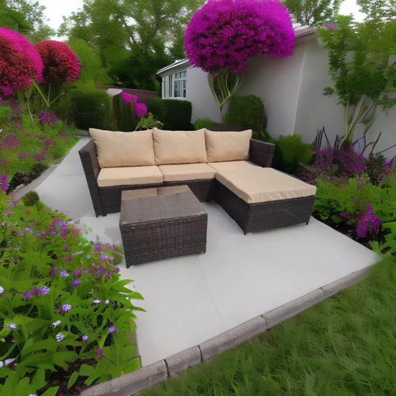 Hampus 3 Seater Rattan Brown/Beige Garden Sofa Set With Large Stool And Coffee Table
