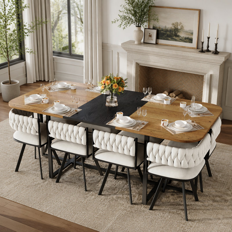 Ensemble de table de salle à manger 9 pièces carrée avec grain de bois bicolore et chaises en velours beige, idéal pour les réunions de famille et les cuisines modernes
