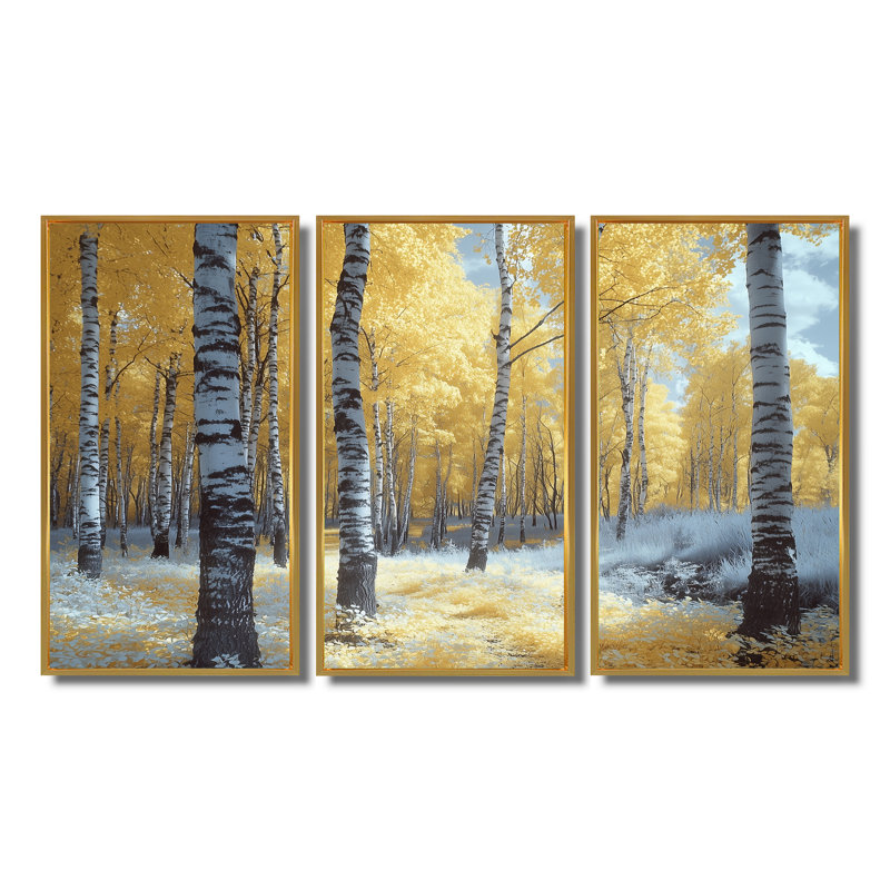 Ensemble de décorations murales forêt de bouleaux jaunes - Forêt I, Toile avec cadre flottant or, H 28 po x l 36 po x P 1 po