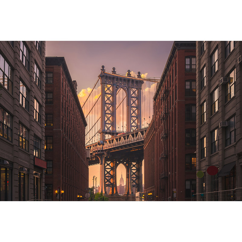 Manhattan Bridge From Brooklyn Street - Print on Plastic / Acrylic, 100cm H x 150cm W x 10cm D, Black Frame