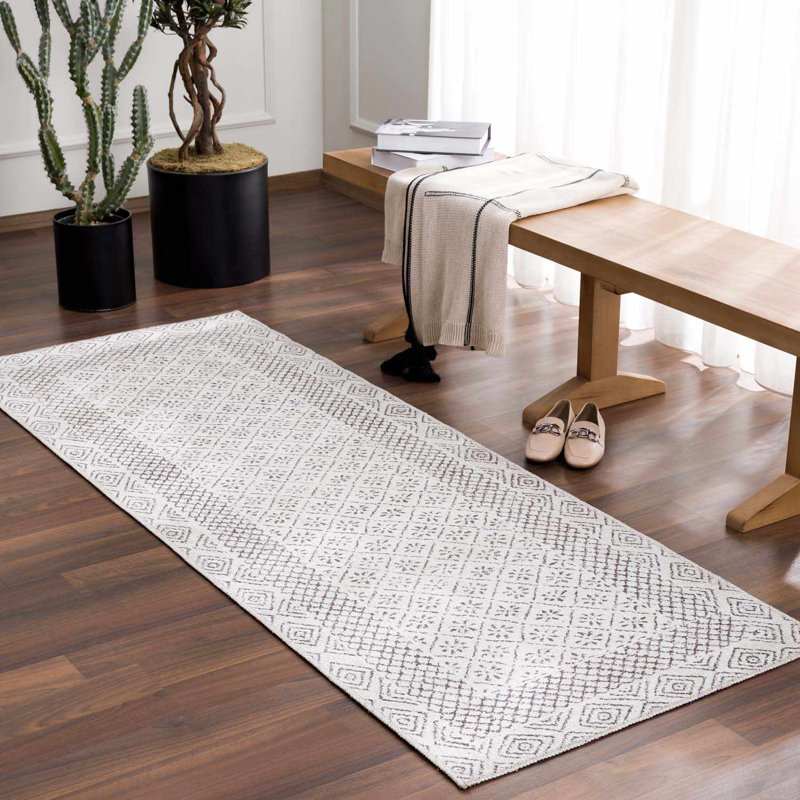 Marvina Machine Washable Moroccan Black and White Area Rug, Runner 2'7" x 7'3"